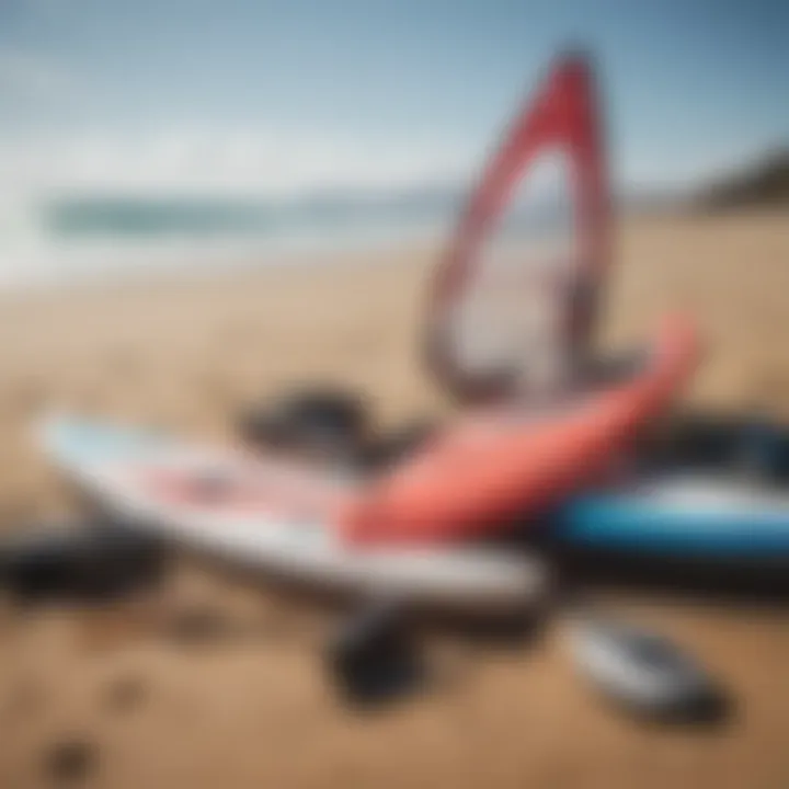 Windsurfing equipment laid out on the beach